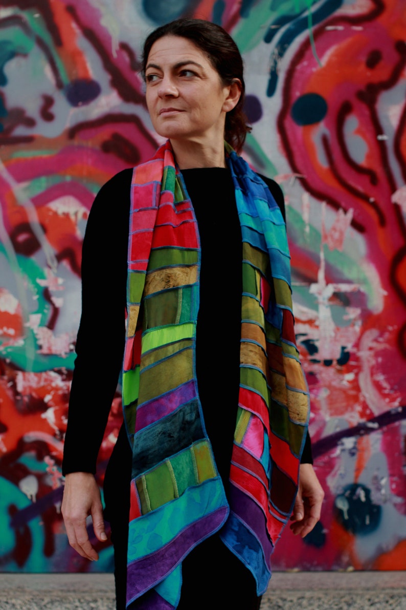 Viscose scarf, With strips of even smaller pieces, Rainbow colors, Patchwork, Handdyed and Handmade in Holland, nice gift for women image 5