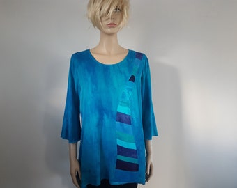 LIZ & JOE viscose blouse, Turquoise, Aqua, Navy, Cobalt blue, Handdyed, Tie dye, Patchwork made with textile leftovers, Handmade, Hippy chic