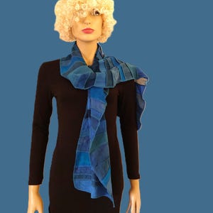 Silk scarf, ECO-FRIENDLY DYES, green-blue patchwork, hand-dyed + handmade in Holland by Liz & Joe