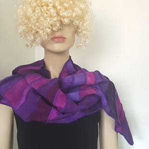 Purple with fuchsia silk scarf: patchwork with some linen pieces, hand-dyed + handmade in Holland by Liz & Joe