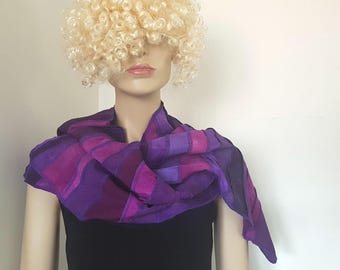 Purple with fuchsia silk scarf: patchwork with some linen pieces, hand-dyed + handmade in Holland by Liz & Joe