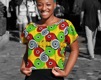 NEW! Liz & Joe African Print blouse, 100% cotton, yellow red green, happy colors, made in Holland, short blouse, short sleeves, size XS-XL