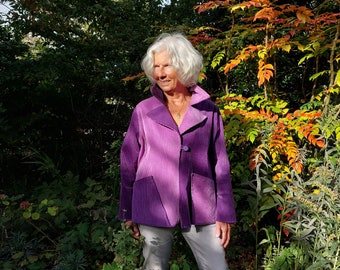 Liz & Joe corduroy jacket, wide rib corduroy, stretch velvet, purple and lilac, asymetric pockets, made in Holland, hippy chic