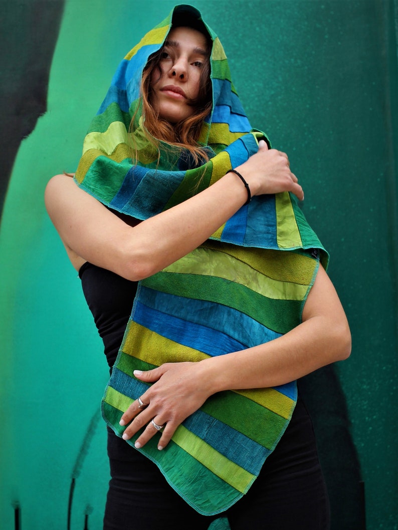 Liz & Joe silk scarf, Different kinds of silk and some linen, green-turquoise, Handyed with ECO-FRIENDLY DYES, Handmade in The Netherlands image 3