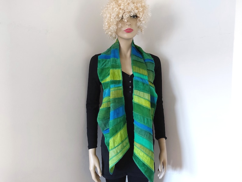 Liz & Joe silk scarf, Different kinds of silk and some linen, green-turquoise, Handyed with ECO-FRIENDLY DYES, Handmade in The Netherlands image 7