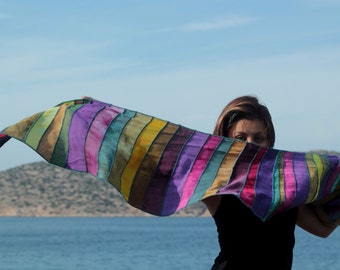 Liz & Joe viscose patchwork scarf, khaki/fuchsia/purple, tie dye, handdyed + handmade in Holland, hippy chic, nice gift for women
