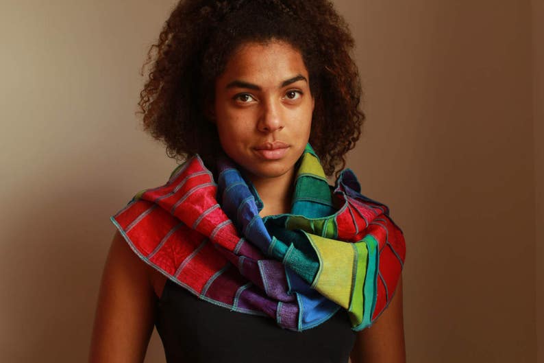 Rainbow scarf made with 100% silk and linen, different types of silk, handdyed with eco-friendly dyes, handmade in Holland, free shipping image 2