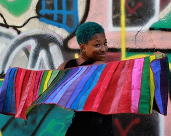 Silk and linen Scarf, rainbow colours, handdyed with eco-friendly dyes, patchwork scarf, handmade with different types of silk, by Liz & Joe