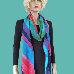 Rainbow patchwork scarf: viscose, diagonal strips, hand-dyed + handmade in Holland by Liz & Joe