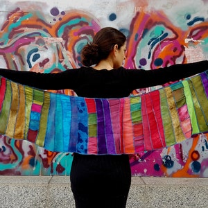 Patchwork scarf, With strips of even smaller pieces,Rainbow colors, Viscose, Hand-dyed and Handmade in Holland, nice gift for women