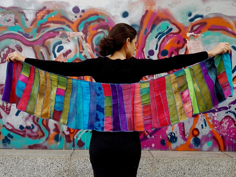 Viscose scarf, With strips of even smaller pieces, Rainbow colors, Patchwork, Handdyed and Handmade in Holland, nice gift for women image 1