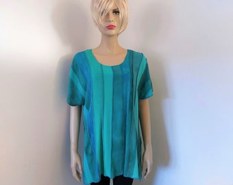 Liz & Joe viscose blouse, shades of aqua, jade, turquoise, irregular strips joint together 'inside out', handdyed and handmade in Holland