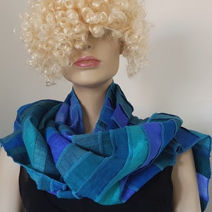 Silk scarf, ECO-FRIENDLY DYES, with some linen pieces, blue-green, hand dyed and handmade in Holland by Liz & Joe