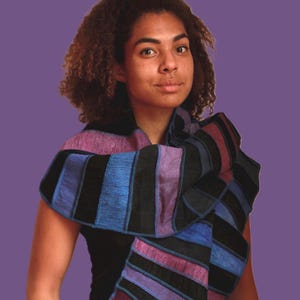 Hand-dyed silk scarf with some linen: patchwork of black blue purple, handmade by Liz & Joe