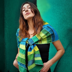 Liz & Joe silk scarf, Different kinds of silk and some linen, green-turquoise, Handyed with ECO-FRIENDLY DYES, Handmade in The Netherlands