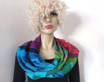 transparant viscose scarf, extra large scarf with rainbow colors, patchwork, handdyed, handmade in Holland by Liz & Joe, nice gift for women