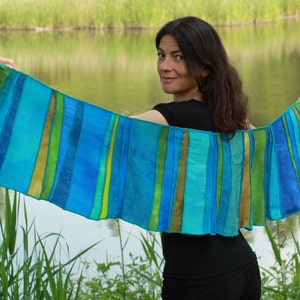 Viscose scarf, shades of turquoise, cobalt blue, sea green, moss green, patchwork, hand-dyed and handmade by Liz & Joe