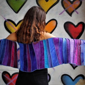 Silk patchwork scarf: some linen pieces, blue + purple, hand-dyed with ECO-FRIENDLY DYES, handmade in Holland