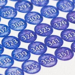 Könnte beinhalten: Nahaufnahme einer Reihe von blauen und violetten Kreisen mit weißen Zahlen darauf. Die Zahlen sind in einer Sequenz, beginnend mit 292 und endend mit 357.