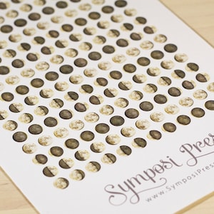 May include: A sheet of moon phase stickers featuring a range of moon phases in shades of brown and gold. The stickers are arranged in a grid pattern on a white background. The text "Symposi Press" and "www.SymposiPress.com" is printed in the bottom right corner.