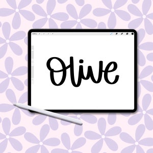May include: A digital tablet displays the name "Olive" in bold, black cursive lettering. A white stylus rests near the tablet on a background of light pink with repeating lavender flower patterns. The tablet has a black border.