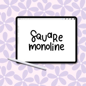 May include: A white digital drawing tablet with a black frame and a white stylus. The screen displays the text "Square monoline" in black.