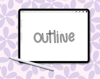 May include: A white digital drawing tablet with a black stylus and the word "outline" written in black on the screen. The tablet is on a background of light purple flowers.