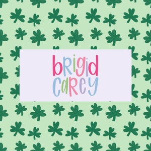 May include: A light green background adorned with a pattern of dark green shamrocks. A white rectangle in the centre displays the text "brigid carey" in colourful, handwritten-style lettering. The letters are pink, blue, green, and purple.
