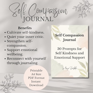 Puede incluir: Un diario de autocompasión con una portada de hojas en acuarela y el texto Self Compassion Journal 30 Prompts for Self Kindness and Emotional Support La Maya Sensible. Incluye una lista de beneficios y detalles del formato PDF A4.