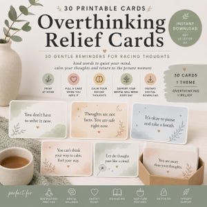 Puede incluir: Un conjunto de 30 tarjetas imprimibles de alivio para la sobrepensación con recordatorios suaves para pensamientos acelerados. Las tarjetas muestran textos como You don't have to solve it now, con acentos de acuarela en tonos pastel y delicadas ilustraciones botánicas.