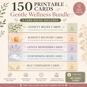 Puede incluir: Un paquete digital de 150 tarjetas imprimibles titulado Gentle Wellness Bundle, que incluye cinco mazos: Anxiety Relief, Burnout Recovery, Gentle Reminders, Overthinking Relief y Self Compassion. Cada mazo contiene 30 tarjetas con ilustraciones en tonos pastel.