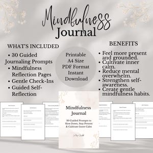 Puede incluir: Un conjunto de diario de atención plena digital que incluye una página de título con el texto Mindfulness Journal 30 Guided Prompts to Slow Down, Stay Present & Cultivate Inner Calm, junto con listas de características en formato PDF A4.