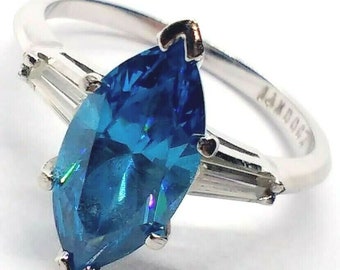 Gorgeous Solid 14K White Gold Blue Marquise Cut Cubic Zirconia Size 5.5 Ring