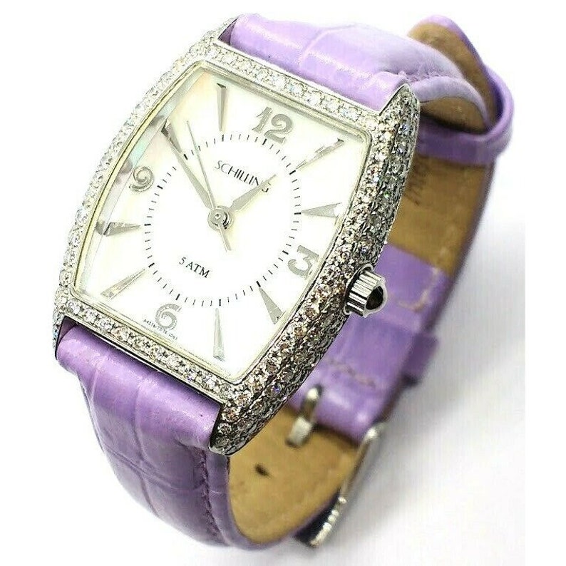 Elegant Schilling Women's Diamond Watch Mother Of Pearl Stainless Steel Purple Wristwatch image 1