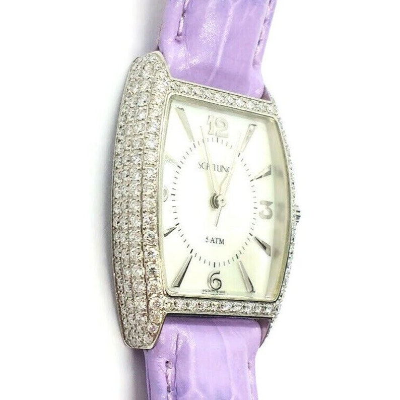 Elegant Schilling Women's Diamond Watch Mother Of Pearl Stainless Steel Purple Wristwatch image 5