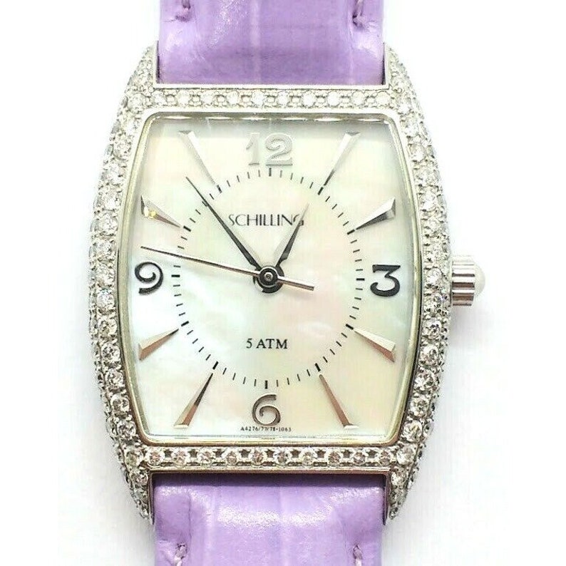 Elegant Schilling Women's Diamond Watch Mother Of Pearl Stainless Steel Purple Wristwatch image 3
