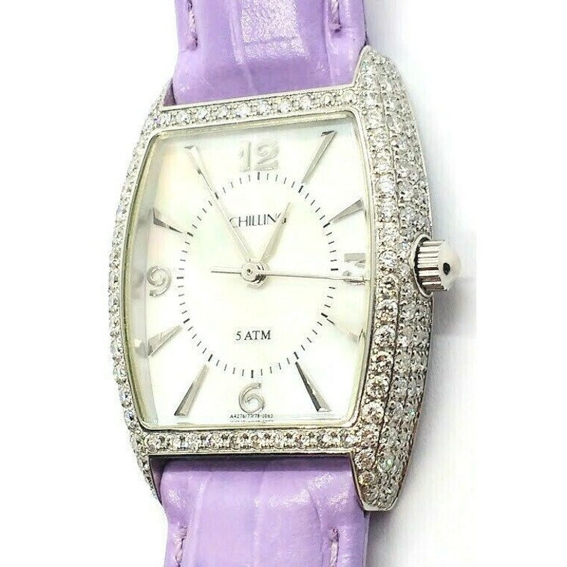 Elegant Schilling Women's Diamond Watch Mother Of Pearl Stainless Steel Purple Wristwatch image 4