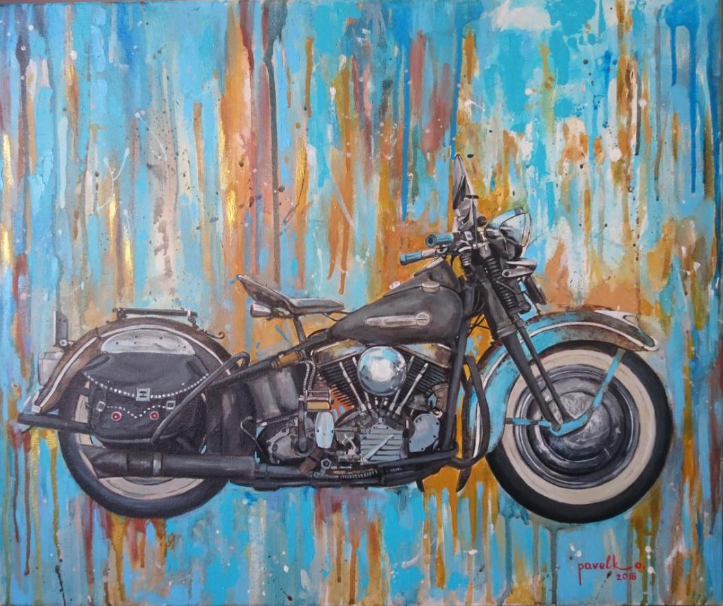 ハーレーダビッドソン バイクアート ラットスタイル アクリル絵画
