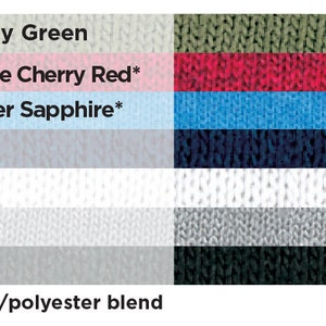May include: Swatch card showing eight different fabric colors: military green, antique cherry red, heather sapphire, navy, white, gravel, and black. The text *cotton/polyester blend* appears below the swatches.