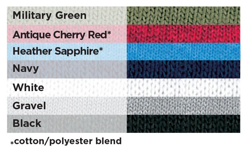 May include: Swatch card showing eight different fabric colors: military green, antique cherry red, heather sapphire, navy, white, gravel, and black. The text *cotton/polyester blend* appears below the swatches.