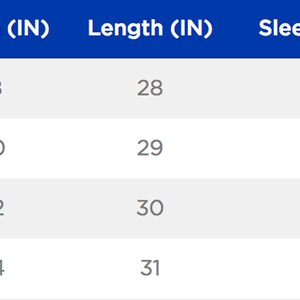 May include: Size chart showing width, length, and sleeve center back measurements in inches for sizes S, M, L, and XL.