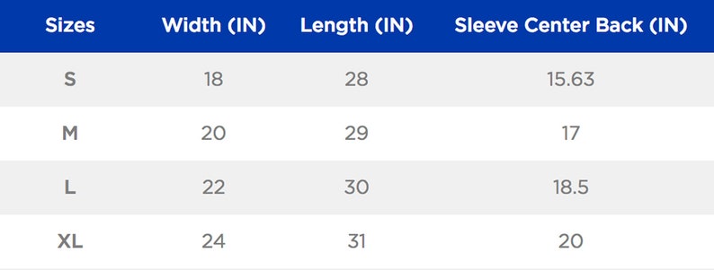 May include: Size chart showing width, length, and sleeve center back measurements in inches for sizes S, M, L, and XL.