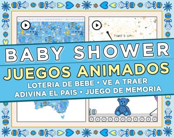 Baby Shower Juegos Virtuales – ¡Es un niño! - Versión en Español, Baby Shower Juegos Animados, Baby Shower de niño, Azul