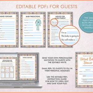 Peut inclure: Modèles numériques de faire-part de baby shower avec formulaires PDF modifiables pour les invités. Comprend des formulaires "Souhaits pour bébé", "Prédictions de bébé" et "Conseils pour un nouveau parent". Les formulaires ont des bordures décoratives.