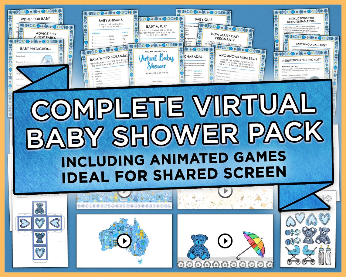 Baby Boy Virtual Baby Shower Party Pack Blue Theme Online / Etsy UK