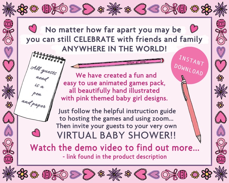 Baby Shower Virtual Games Pink Girl Theme Online Baby Etsy UK