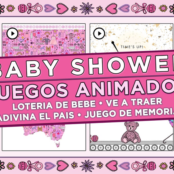 Baby Shower Juegos Virtuales – ¡Es una niña! - Versión en Español, Baby Shower Juegos Animados, Baby Shower de niña, Rosa