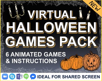 Virtual Halloween Games Pack, Online Shared Screen Animations, Trick or Treat, Potion Bingo, Villain Quiz Round, Fun Party Activities Bundle