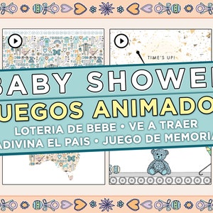 May include: A teal and peach baby shower invitation with the words "BABY SHOWER JUEGOS ANIMADOS" and other text. The invitation includes animated games such as "LOTERIA DE BEBE" and "ADIVINA EL PAIS". The design includes baby-themed illustrations.