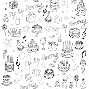 Könnte beinhalten: Schwarz-Weiß-Illustration mit festlichem Thema. Das Bild zeigt verschiedene Geburtstags-Elemente, darunter Kuchen, Geschenke, Eis, Noten, Sterne, Partyhüte und die Worte "Hip Hip Hooray".
